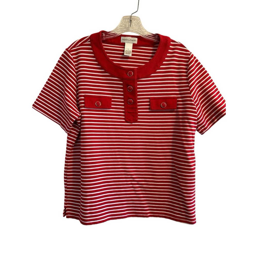 Drapers & Damons Womens Large Golf Polo Red & White Striped Casual Blouse